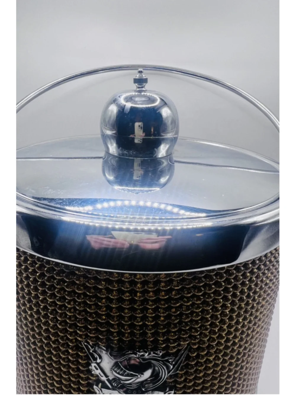 Vintage Chrome MCM Ice Bucket Bronze Silver Beaded Crest Shield w/ Lid & Handle
